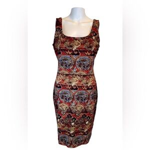 Peruvian Connection Dragon Print Pima Cotton Sheath Dress Red Tapestry Large